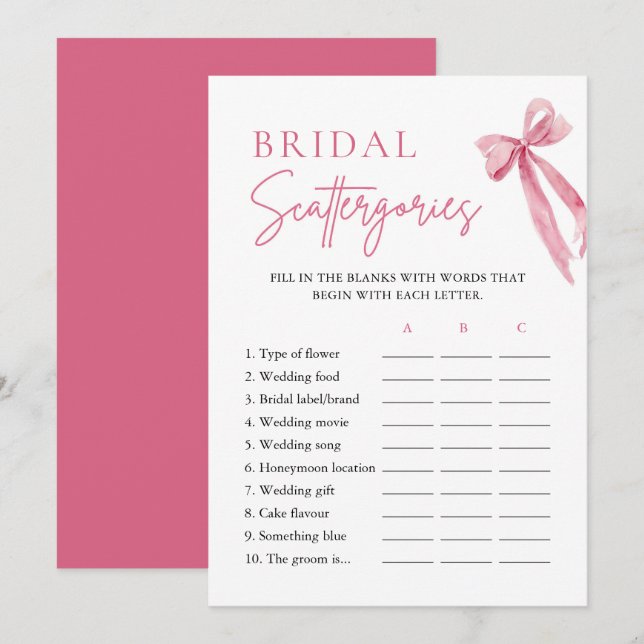 Elegantes Blush Pink Bow Bridal Scattergories Game Einladung (Vorne/Hinten)
