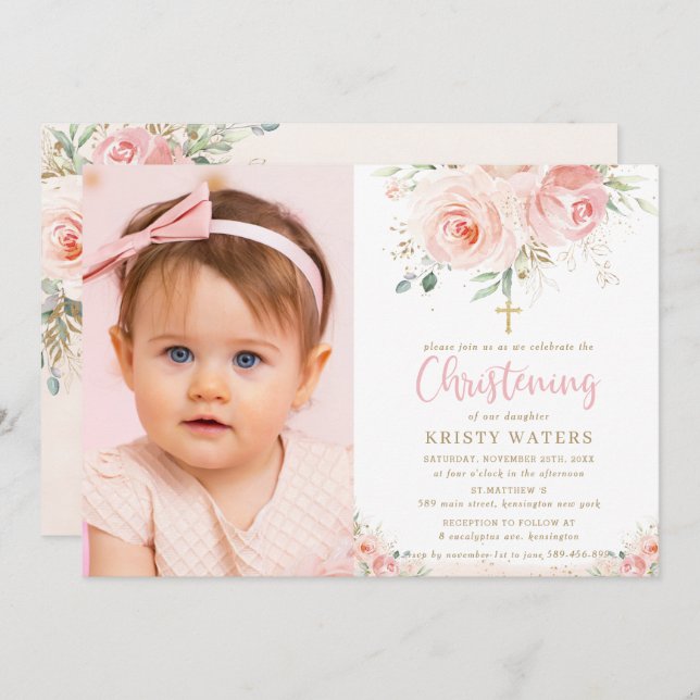 Elegantes Blush Pink Floral Gold Christening Foto Einladung (Vorne/Hinten)