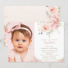Elegantes Blush Pink Floral Gold Taufe Foto Einladung