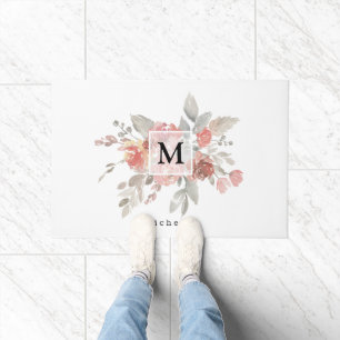 Elegantes Blush Pink Floral Watercolor Monogramm Fußmatte