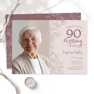 Elegantes Blush Pink Foto 90. Geburtstag Einladung