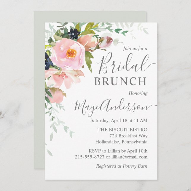 Elegantes Blush Pink & Gray Bridal Brunch Einladung (Vorne/Hinten)