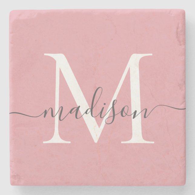 Elegantes Blush Pink Gray Monogram Feminine Script Steinuntersetzer (Vorderseite)