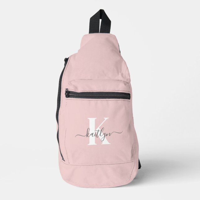Elegantes Blush Pink Gray Script Monogram Crossbody Bag (Vorderseite)