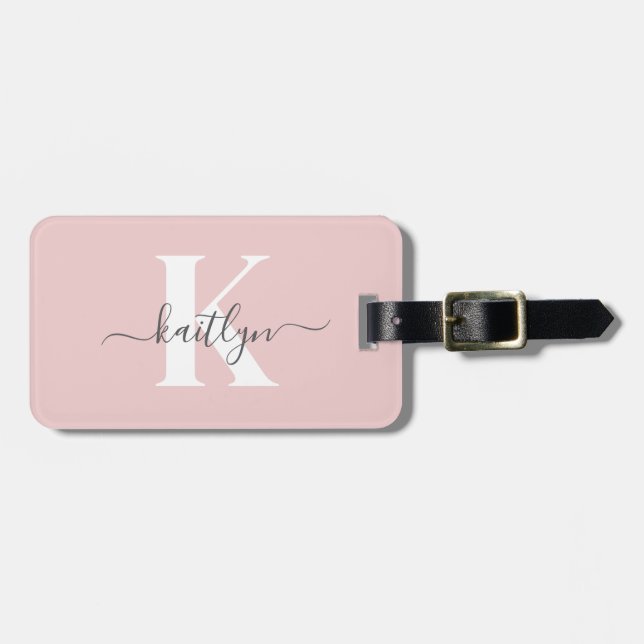 Elegantes Blush Pink Gray Script Monogram Gepäckanhänger (Vorderseite horizontal)