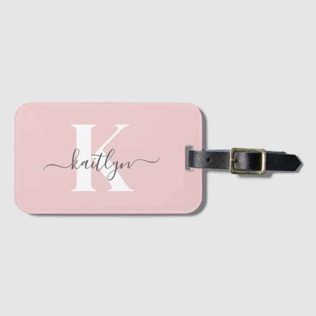 Elegantes Blush Pink Gray Script Monogram Gepäckanhänger (Vorderseite (Horizontal))