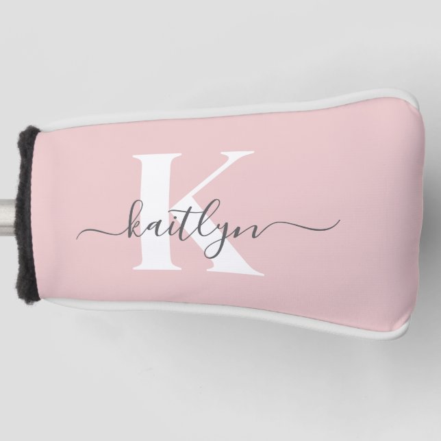 Elegantes Blush Pink Gray Script Monogram Golf Headcover (Vorderseite)