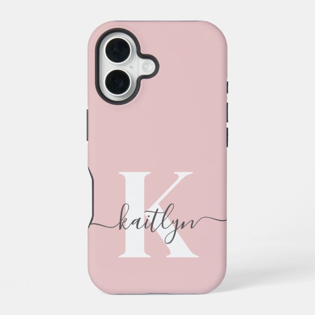 Elegantes Blush Pink Gray Script Monogram iPhone 16 Hülle (Rückseite)