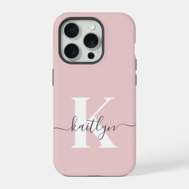 Elegantes Blush Pink Gray Script Monogram iPhone Hülle (Rückseite)