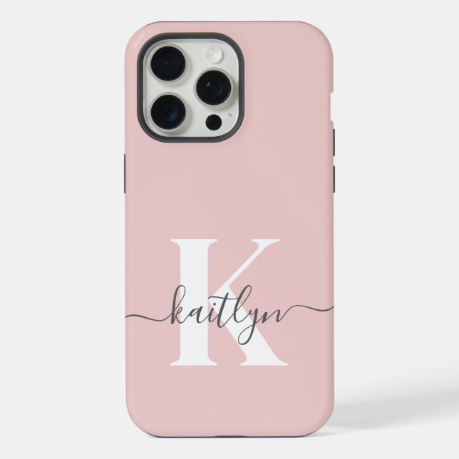 Elegantes Blush Pink Gray Script Monogram iPhone Hülle (Rückseite)