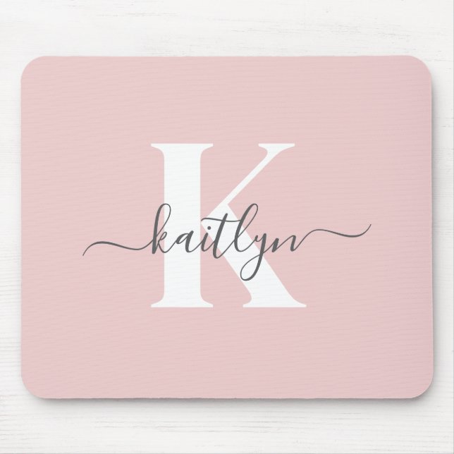 Elegantes Blush Pink Gray Script Monogram Mousepad (Vorne)