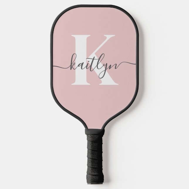 Elegantes Blush Pink Gray Script Monogram Pickleball Schläger (Vorderseite)