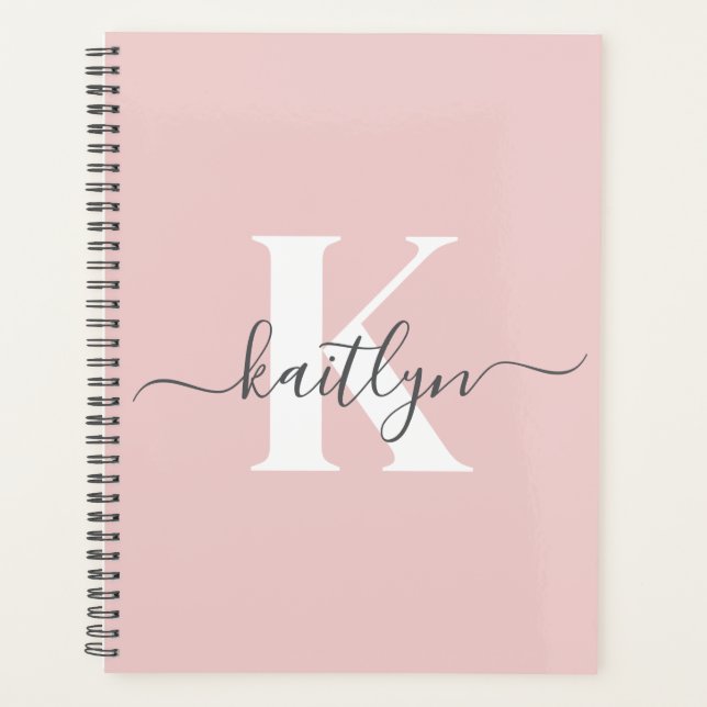 Elegantes Blush Pink Gray Script Monogram Planer (Vorderseite)