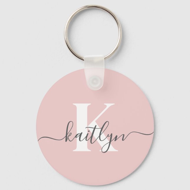 Elegantes Blush Pink Gray Script Monogram Schlüsselanhänger (Vorderseite)