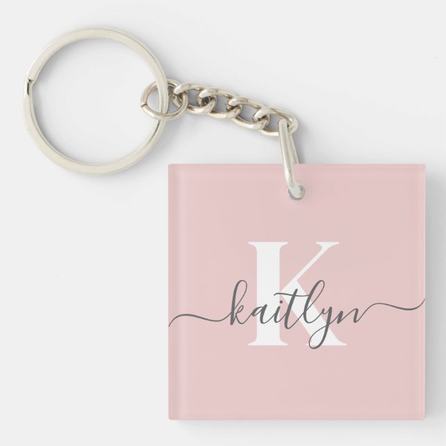 Elegantes Blush Pink Gray Script Monogram Schlüsselanhänger (Vorderseite)