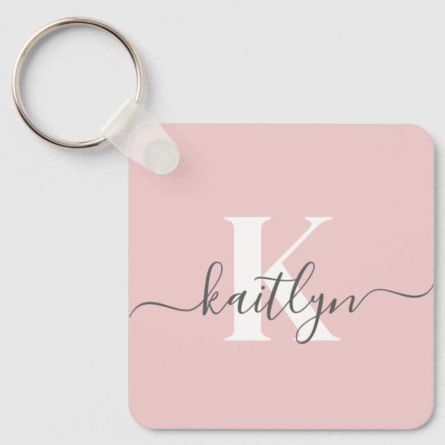 Elegantes Blush Pink Gray Script Monogram Schlüsselanhänger (Vorderseite)