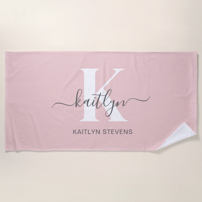Elegantes Blush Pink Gray Script Monogram Strandtuch (Vorderseite)