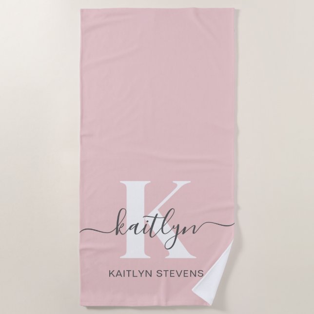 Elegantes Blush Pink Gray Script Monogram Strandtuch (Vorderseite)