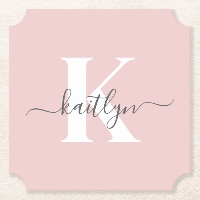 Elegantes Blush Pink Gray Script Monogram Untersetzer (Vorderseite)