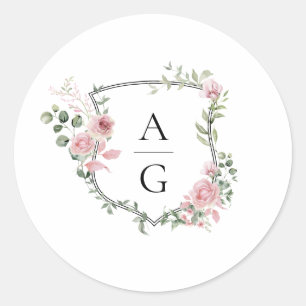 Elegantes Blush Pink Monogram Wappen Wedding Runder Aufkleber