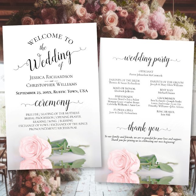 Elegantes Blush Pink Rose Budget Hochzeitsprogramm (Front/Back)