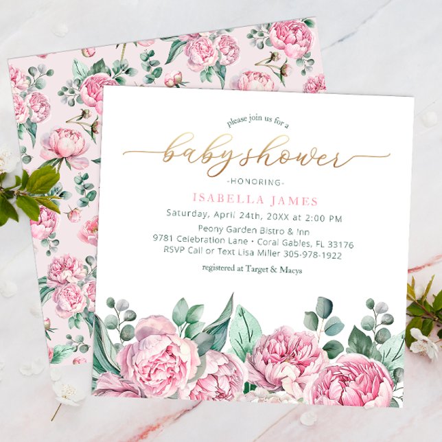 Elegantes Blush Pink und Gold Watercolor Girl Baby Einladung (Pink Floral & Gold Baby Shower Invitation)