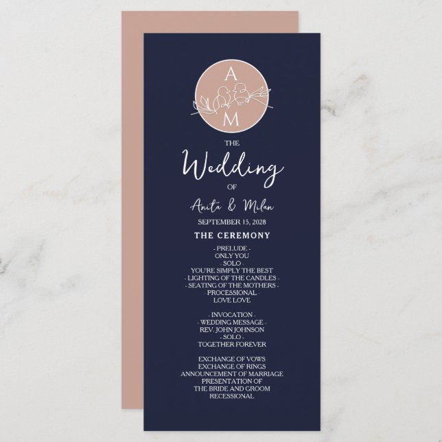 Elegantes Blush und Navy Blue Script Hochzeitsprog Programm (Vorne/Hinten)