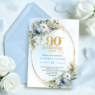 Elegantes Bohemian Blau Weiß Floral Gold 90. Gebur Einladung