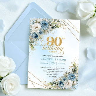 Elegantes Bohemian-Staubblau-Weiß-Blumen 90. Gebur Einladung