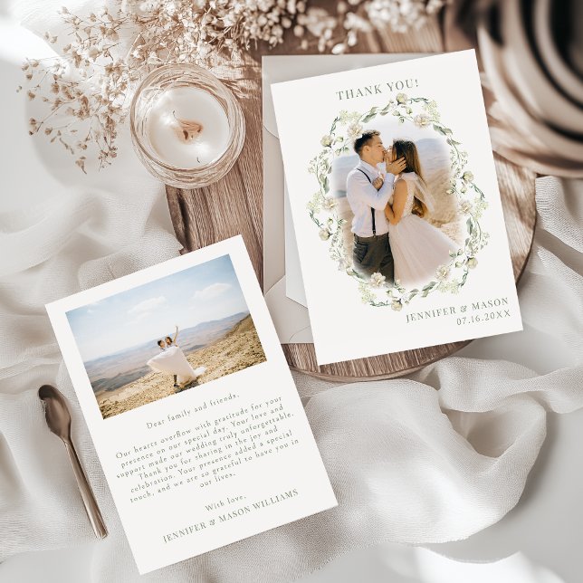 Elegantes Bohemisches Greenery Floral Wedding Foto Dankeskarte (Von Creator hochgeladen)