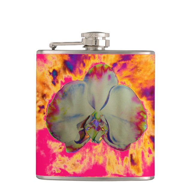 Elegantes boho abstraktes Orchideengemälde Flachmann (Vorderseite)