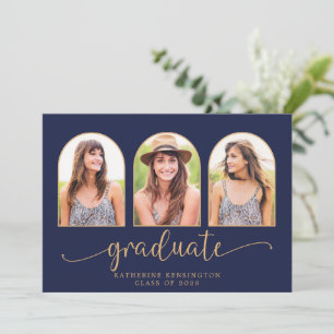 Elegantes Boho Arch Navy Blue Gold 3 Foto Einladung