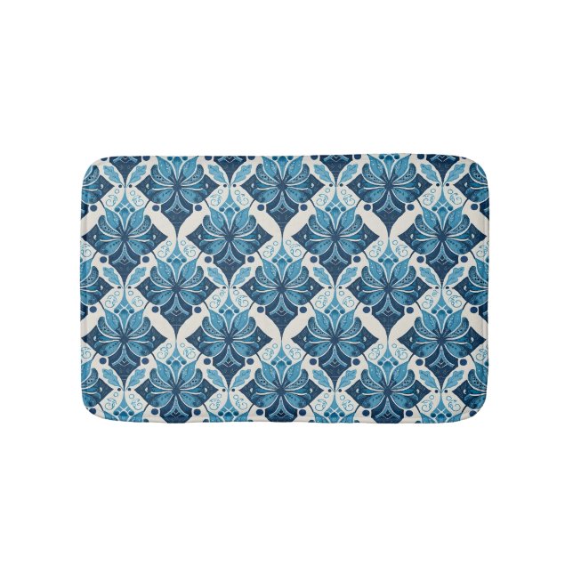 Elegantes Boho Blumenmuster in Blau Badematte (Vorderseite)