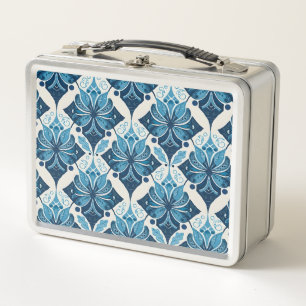 Elegantes Boho Blumenmuster in Blau Metall Brotdose