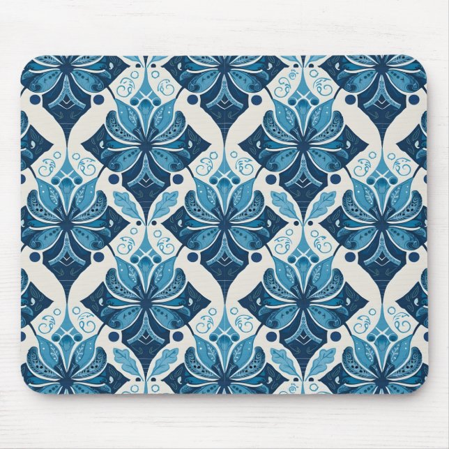 Elegantes Boho Blumenmuster in Blau Mousepad (Vorne)