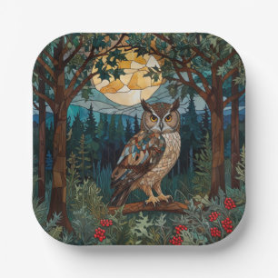 Elegantes Boho-Buntglas-Eule-Wald-Forst Pappteller