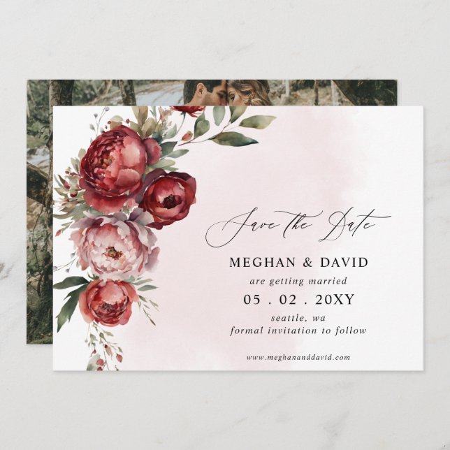 Elegantes Boho Burgundy Blush Foto Save The Date (Vorne/Hinten)
