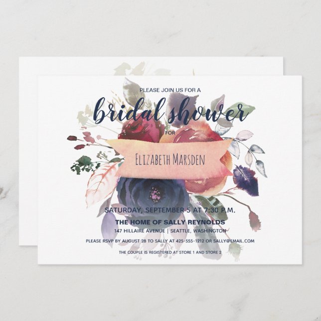 Elegantes Boho Burgundy Navy Brautparty Einladung (Vorne/Hinten)