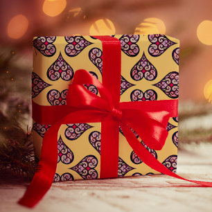 Elegantes Boho Herzmuster dekoratives Gelbes Kunst Geschenkpapier