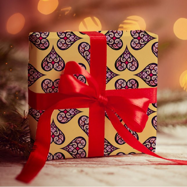 Elegantes Boho Herzmuster dekoratives Gelbes Kunst Geschenkpapier (Von Creator hochgeladen)