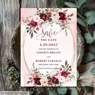 Elegantes Boho-Marsala-Rosé-Gold-Blumen-Save-the-D Einladung