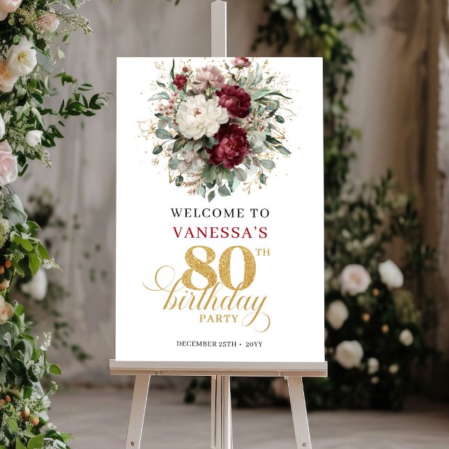 Elegantes Boho-Marsala-Willkommensschild zum 80. G Poster (Elegant Boho Marsala 80th Birthday Welcome Sign)