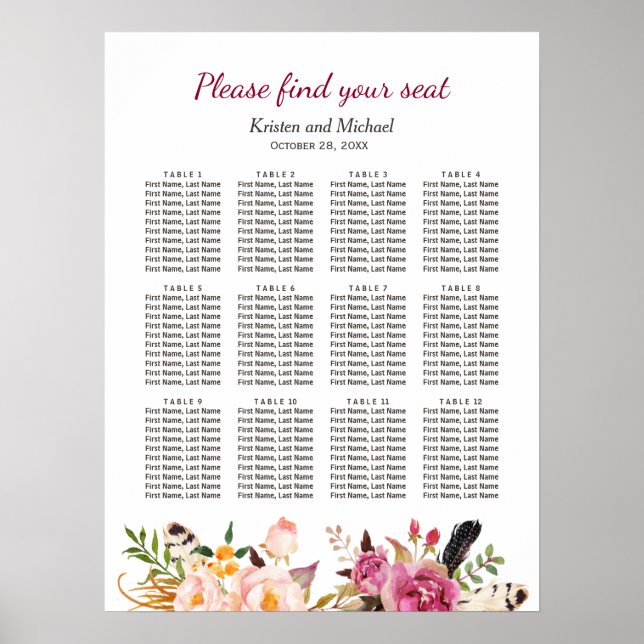 Elegantes Boho Rustic Floral Wedding Chart Poster (Vorne)