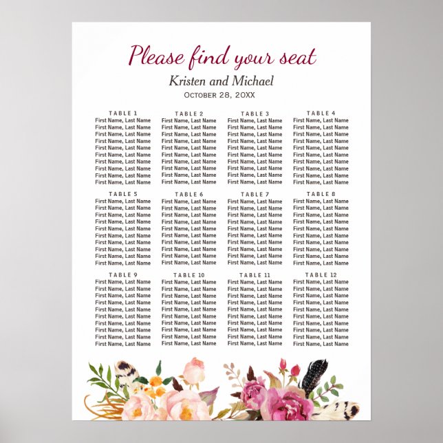 Elegantes Boho Rustic Floral Wedding Chart Poster (Vorne)