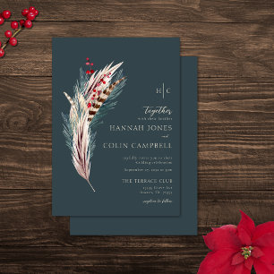 Elegantes Boho-Rustikal Pampas- und Kiefern-Grün-T Einladung
