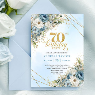 Elegantes Boho-Staubblau Blumen Goldrahmen 70.  Einladung