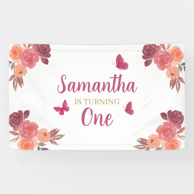 Elegantes Boho-Wasserfarben-Blumen-Erstes-Geburtst Banner (Horizontal)
