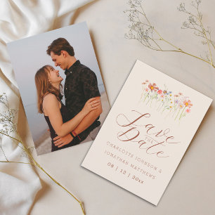 Elegantes Boho Wildblumen Beige Foto Hochzeit Save The Date