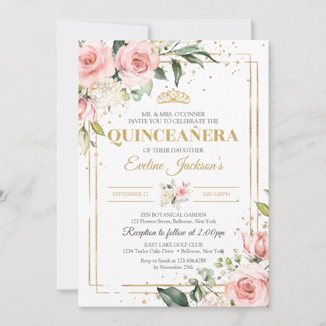Elegantes bohrosa Rosen Rosengrün Quinceanera Einladung (Vorderseite)