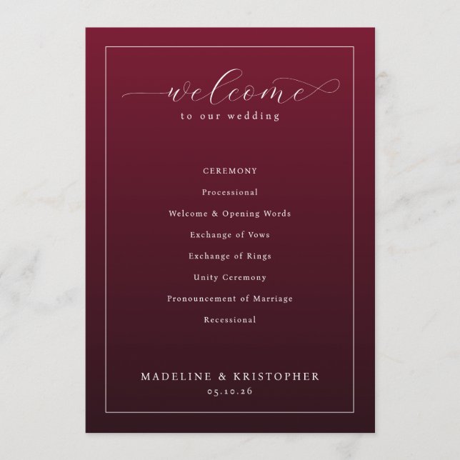 Elegantes bordeauxrotes Hochzeitsprogramm Programm (Vorderseite)